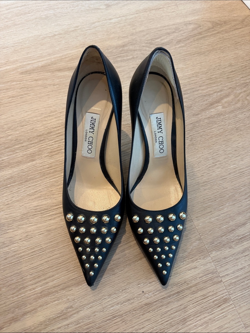 Jimmy Choo Black Leather Pointed Studded Pumps
